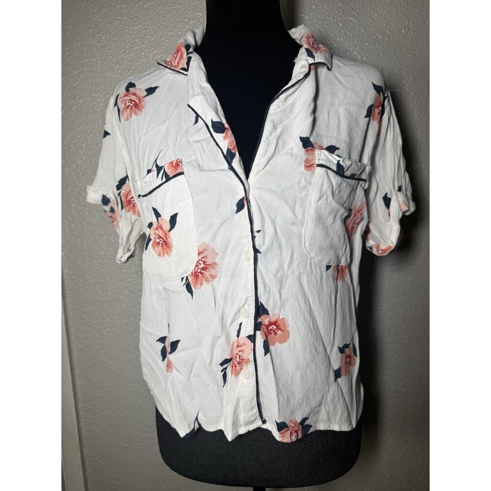 Abercrombie & Fitch Pajama Top Womens Size M White Floral Sleep Shirt Pocket